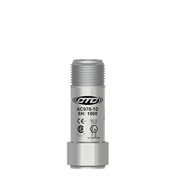 A stainless steel AC970 intrinsically safe, top exit mini accelerometer engraved with the CTC line logo, product number, serial number, and hazardous area certification markings.